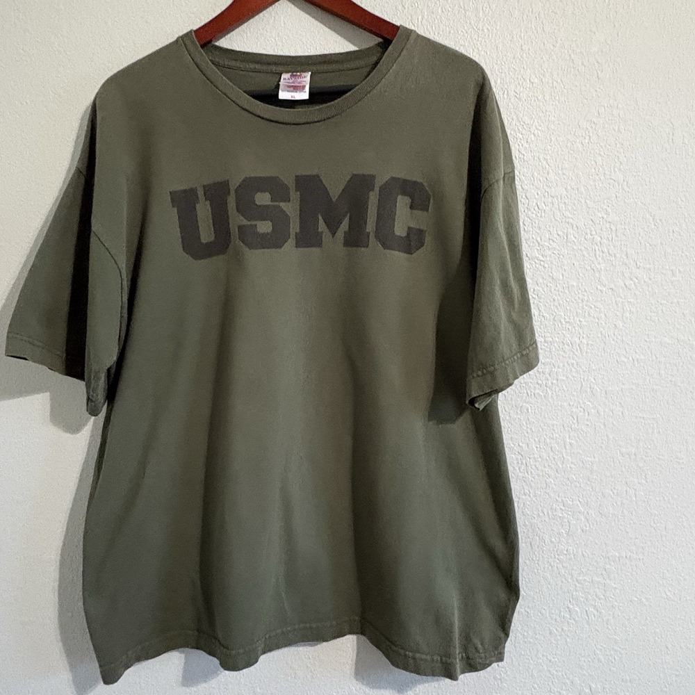 Bayside USMC T Shirt Mens XL Olive Green Made in USA Marines Military Tee